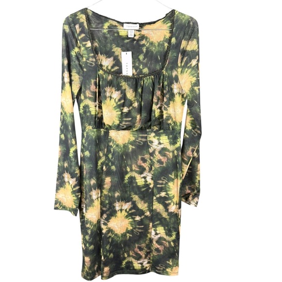 Topshop Dress Womens US 8 Medium Green Yellow Tie Dye Long Sleeve Mesh Sheer - Picture 3 of 6